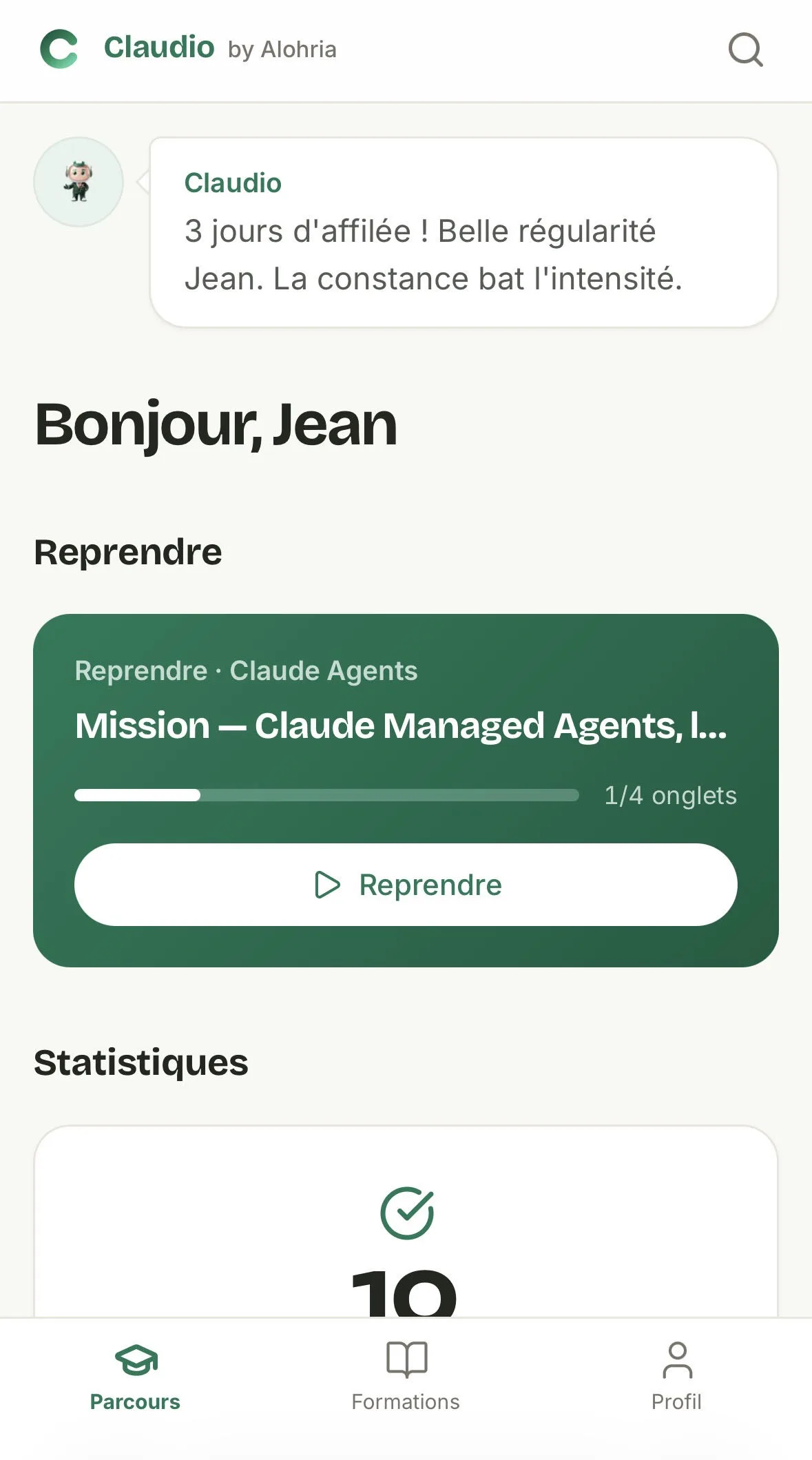 Le tableau de bord de Claudio sur mobile.