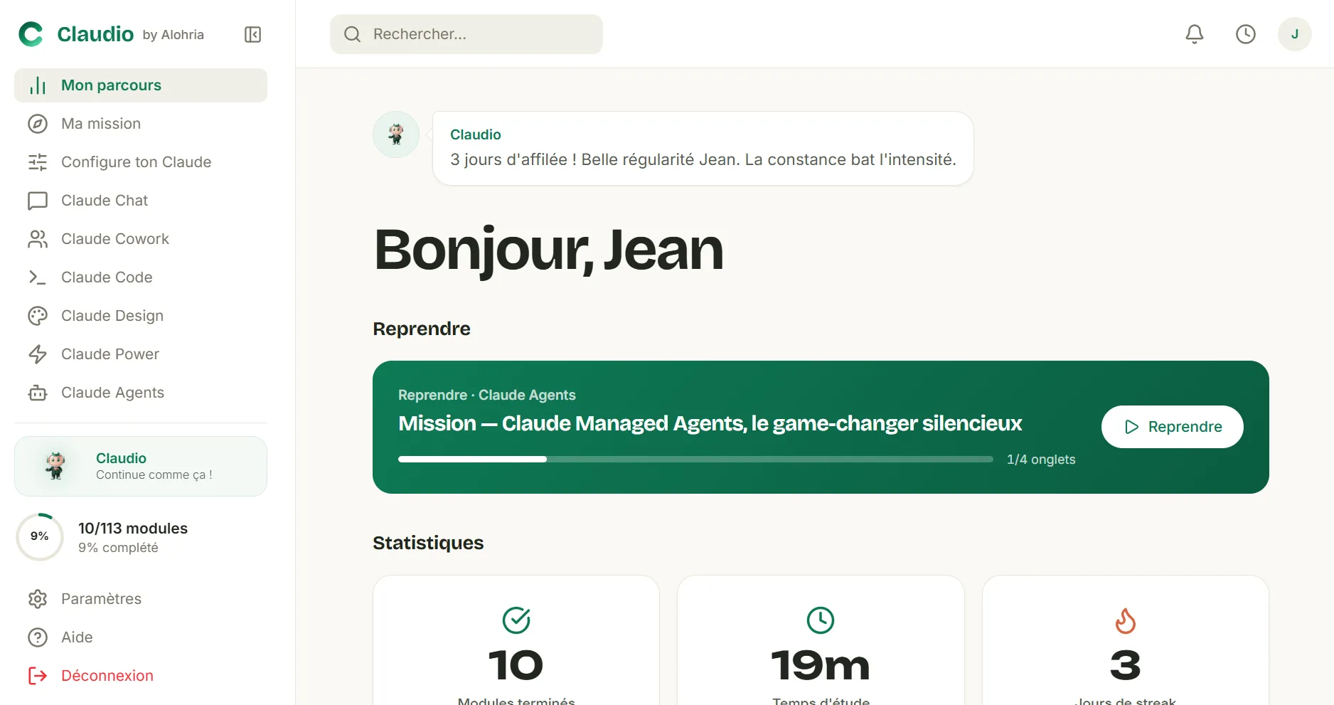 Le tableau de bord de Claudio : parcours, module en cours, et Claudio qui accompagne l'apprenant.